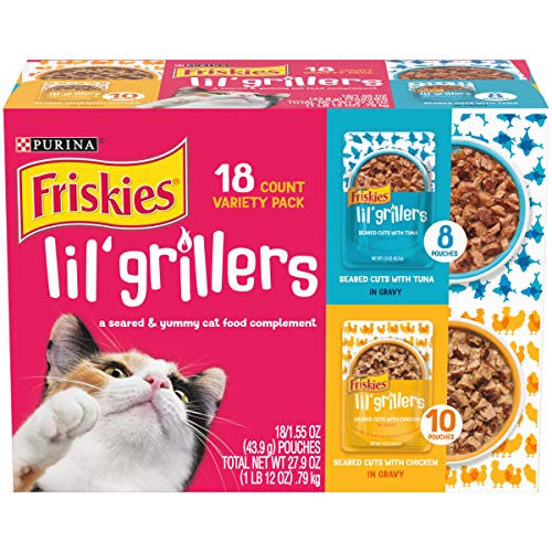 Purina Friskies Gravy Wet Cat Food Complement Variety Pack, Lil' Grillers Seared Cuts with Chicken & Tuna - (18) 1.55 oz. Pouches