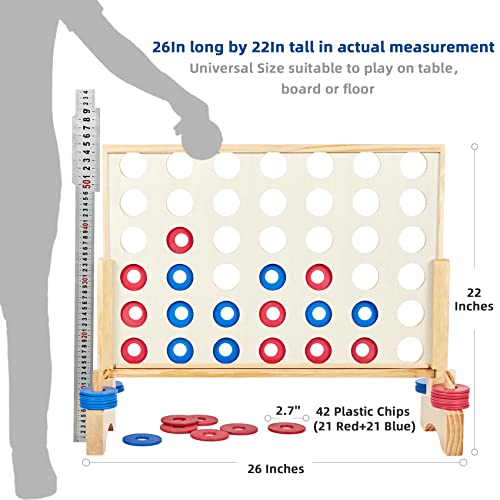 Image of Giant 4 in a Row Game, Wooden 2.8Ft Outdoor Yard Game for Family | New Zealand pine wood made, Non-toxic, 42 PE chips, Sturdy canvas bag. Backyard lawn game for family BBQ, tailgating, party