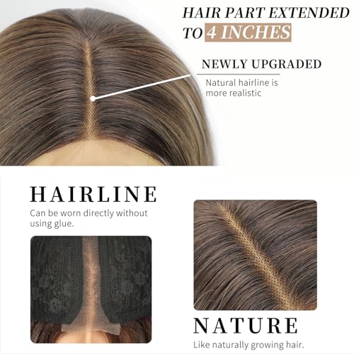 Image of AISI HAIR Ombre Brown Highlight Platinum Blonde Wig for Women, Long Wavy Lace Hairline Middle Part Synthetic Heat Resistant Wig for Daily Party-26 Inch