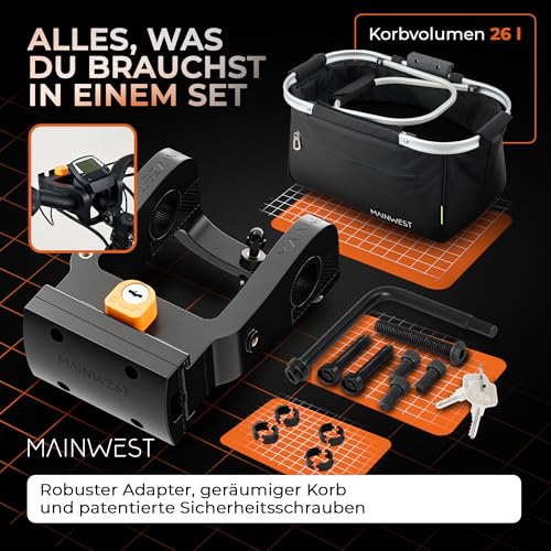 MAINWEST - Fahrradkorb vorne + Inklusive Lenkeradapter E-Bike - mit Airtag Fahrrad Versteck - Fahrradkorb Vorne Ebike - mit Schloss - Lenkerkorb Fahrrad - 26 Liter