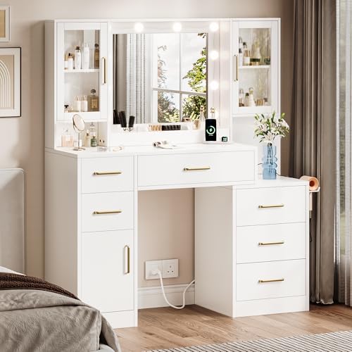 Image of Makeup Vanity Desk with Mirror and Lights, Makeup Vanity Table with Lighted Mirror, Nightstand Dressing Table with Mirror and Lights, 51 inch Big Vanity with 6 Drawers & Lots Storage Space for All Girls