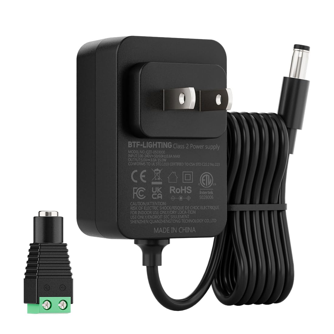BTF-LIGHTING 5V 3A 15W Power Supply Adapter ETL Listed 100-240V AC to 5V DC Converter Class 2 Power Supply, 5.5x2.1mm Jack for for Low Voltage LED Strip Lights, CCTV, Router, Electronics