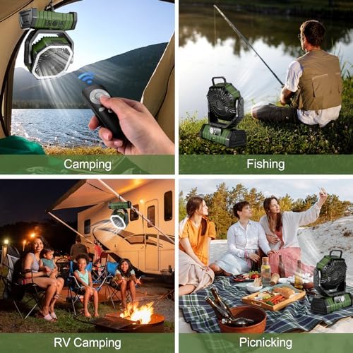 Odoland 30000mAh Camping Fan with LED Lantern, Rechargeable Battery Operated Oscillating Fan with Remote & Hook, Portable Tent Fan with Timer, 4 Speeds for Outdoor Camp RV Jobsite Power Outage, Green - 1