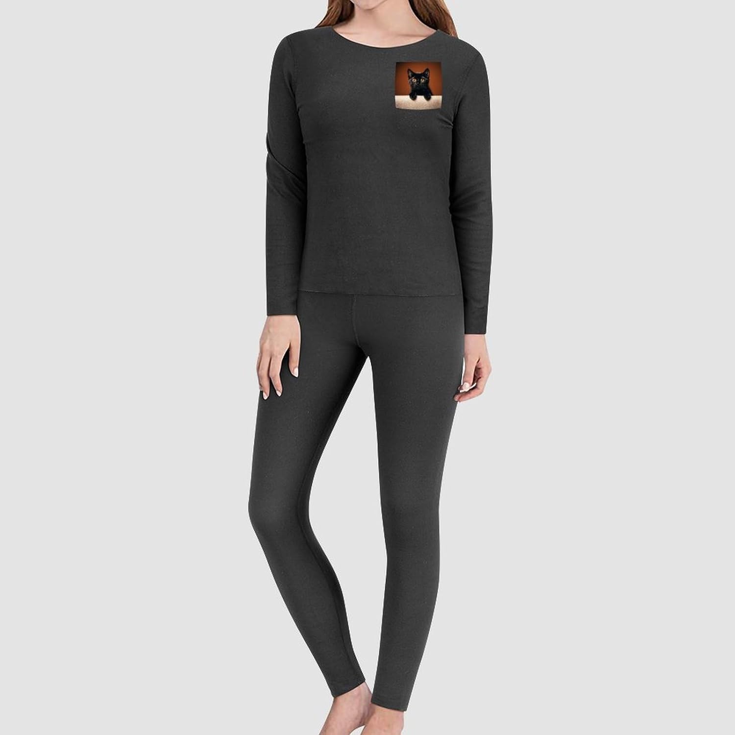 Cute Peeping Black Cat Thermal Underwear Set for Women Long Johns Women Base Layer Top Bottom for Cold Weather