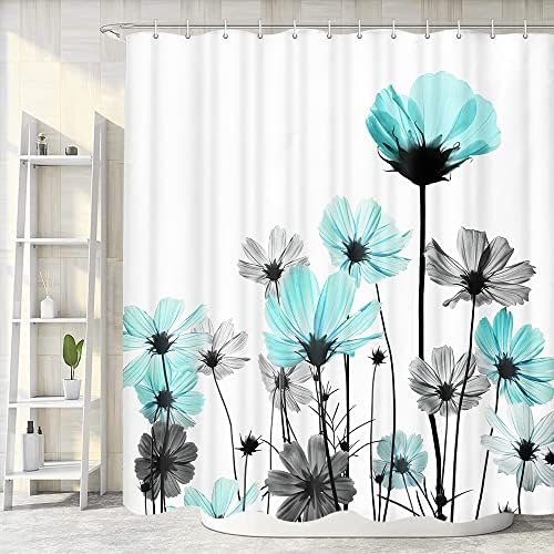 Teal Shower Curtain, Rustic Elegant Floral Turquoise and Gray Daisy Flower Bathroom Curtains, Cute Wildflower Design Farmhouse Plant Turquoise Blue and Grey Shower Curtain Liner with Hooks,72x72Inch