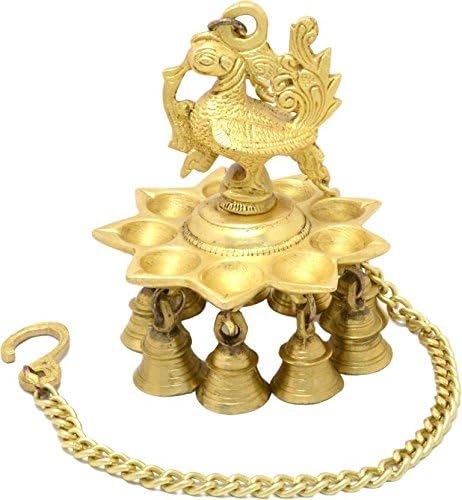 NOBILITY Brass Hanging Diya Black Antique Peacock Deepak with Bells and Chain Festival Pooja Thali Gift for Diwali, Home Puja, Temple, Office, Wedding Return Gift Items