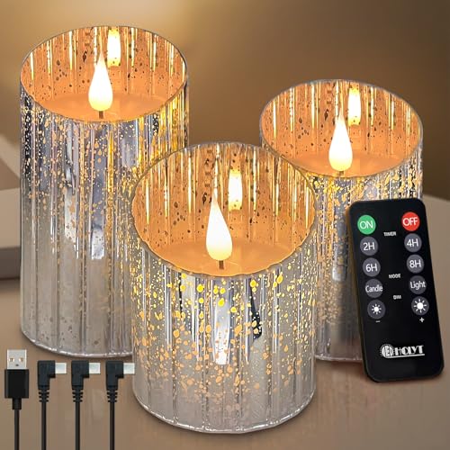 Image of LEDHOLYT Rechargeable Flameless Candle, Flickering LED Pillar Glass Fake Candle with Remote and Timer, Built-in Battery Real Wax Electronic Candle for Room Decoration, Set of 3