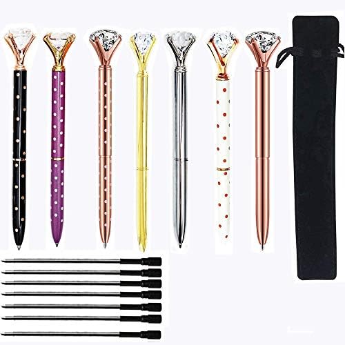 7pcs Diamond Ballpoint Pens with BONUS 7pcs Ballpoint Pen Refills and Black Velvet Bags, Big Crystal Diamond Pen, Beatiful Bling Metal Ballpoint Pen for Women,Co-workers,Kids,Girls.
