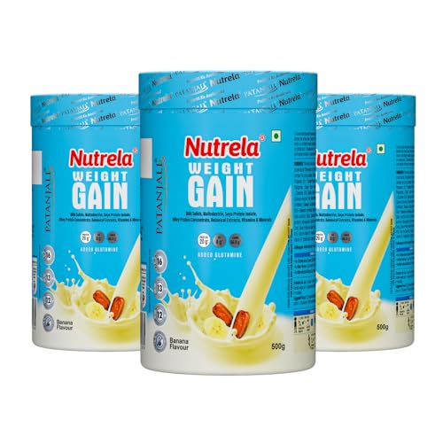 Image of Nutrela Weight Gainer | 500g Banana Flavour (Pack of 3) | High-Calorie Mass Gainer with Vitamins & Khandsari Sugar | Ideal for Men & Women