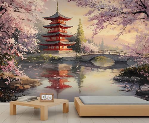 KIREUPA Cherry Blossom Pagoda Wall Mural, Japanese Spring Landscape 3d Wall Murals, Japanese Garden Art Wallpaper Mural, for Living Room Bedroom Large Wallpaper Indoor Decor 59' W x39.4 H