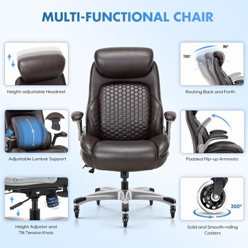 COLAMY Office Chair Ergonomic Desk High Back Executive Chair with Pop-Out Lumbar Support, Upgraded Casters, Adjustable Headrest, Flip-Up Arms, Leather Home with Thick Cushion for Comfort - Brown - Image 5