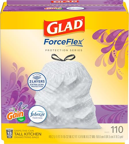 Image of Glad ForceFlex Tall Kitchen Trash Bags, 13 Gal, Gain Lavender, 110 Ct, Pack May Vary