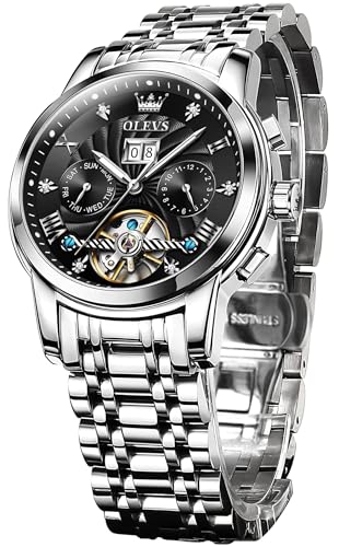 Image of OLEVS Self Winding Watches for Men Automatic Mechanical Skeleton Luxury Dress Waterproof Moon Phase Tourbillon Chronograph Stainless Steel Luminous Wristwatch