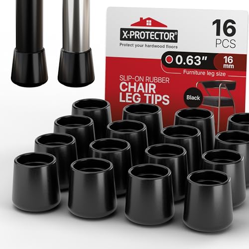 X-Protector Chair Leg Caps - 16 PCS 16mm Non-Slip Rubber Feet - Black Chair Leg Covers - Keep Furniture in Place!