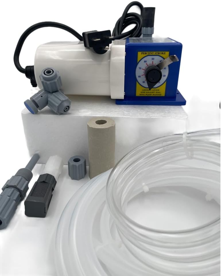 Precision Controls - Chem Flow Diaphragm Pump, 7 GPD Max, 100 PSI, 230 Volt Metering Pump, 3/8" Suction & Discharge tubing connections.