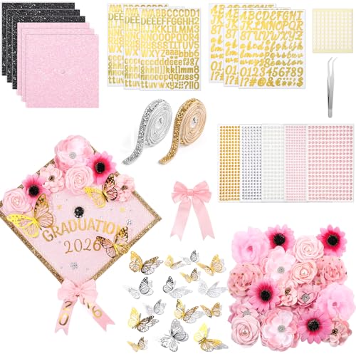 Wavwavw 68 Pcs Grad Cap Decorations Kit, Flowers Butterfly, Pink