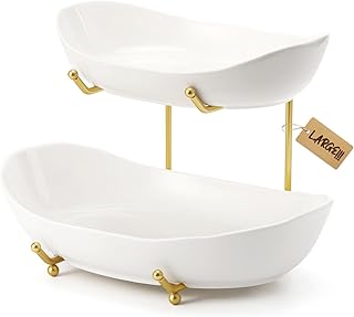 Large Size（13.4 and 11 inch Plate）More Storage Space, 2 Tier Ceramic Fruit Bowl With Metal Stand for Kitchen Counter,Porcelain Fruit Basket for Countertop, Snack, Nuts, Cake, Dessert - White Gold