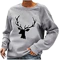 BRKEWI Crew Neck Christmas Pullover for Women, Reindeer Graphics Print Fashion Pullover Casual Loose Long Sleeve Sweatshirt Gray