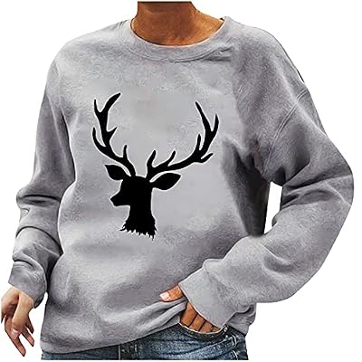 BRKEWI Crew Neck Christmas Pullover for Women, Reindeer Graphics Print Fashion Pullover Casual Loose Long Sleeve Sweatshirt Gray