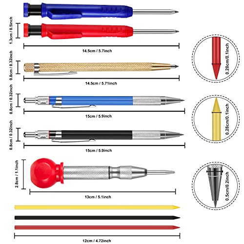 8 Pieces Carpenter Scriber Marking Kit Includes 4 Mechanical Carpenter Pencils, 2 Packs Marker Refills, Metal Carbide Scriber And Automatic Center Punch Woodworker Tool For Glass, Ceramics, Steel #TOP1