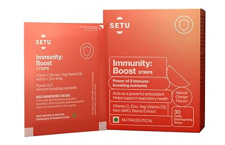 Setu Immunity: Boost Strips | Plant Based Vitamin C, Veg Vitamin D3 & Zinc | Immunity Boosters For Adults | Potent Anti-oxidants, Bone Health and Overall Wellbeing | Orange Flavour | 30 Strips