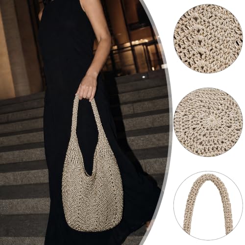 Image of Boho Crochet Shoulder Bag for Women, Colorful Beaded Beach Tote Handbag Lightweight Summer Knit Hobo Purse &Travel Organizer