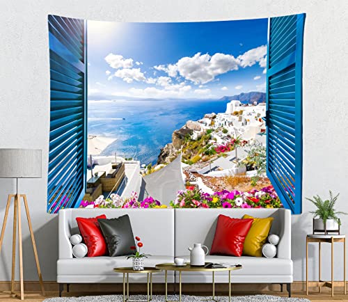 Loccor Greece Tapestry Aegean Sea Traditional Architecture Flowers Window Scenery Tapestry Wall Hanging Momma Mia Theme Birthday Party Decorations For Living Room Bedroom Dorm Home Decor 180X120Inch #TOP1