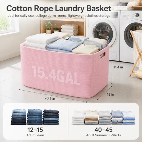 Image of Cotton Rope Laundry Basket Medium, 15.4GAL Collapsible Woven Storage Baskets for Living Room Kids Toys Stuffed Animal,Boho Rectangular Decorative Short Hamper for Dirty Clothes, Blankets Light Pink
