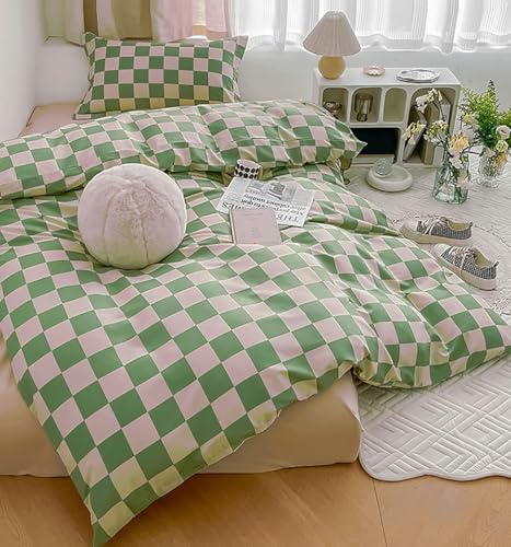 Image of KAREVER Green White Grid Comforter Set King Sage Green Plaid Bedding Set Women Light Green White Checkered Bed Set Breathable Blanket Set Men Durable Bedding Comforter Set