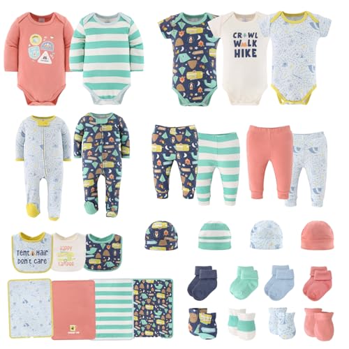 The Peanutshell Baby Layette Gift Set for Baby Boys or Girls - 30 Piece New Born Unisex Gift Set, Clothes & Newborn Essentials Must Haves - Clothes 0-3 Months - Happy Camper