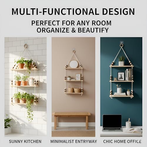 Image of 3Tier Hanging Shelf with Magic Hook, Use Decor Plants, Books, Decorative Gift Items Nursery Livingroom Wooden Beads & Ring Woven Bohemian Chic for Dorm