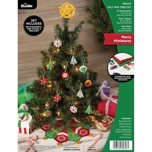 Image of Bucilla Felt Applique 14 Piece Mini Tree Making Kit, Merry Miniatures, Perfect for Holiday DIY Arts and Crafts, 89653E