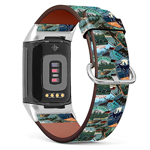 MINGDAO Compatible with Fitbit Charge 5 , Patterned Leather Replacement Band , National Park Emlbems