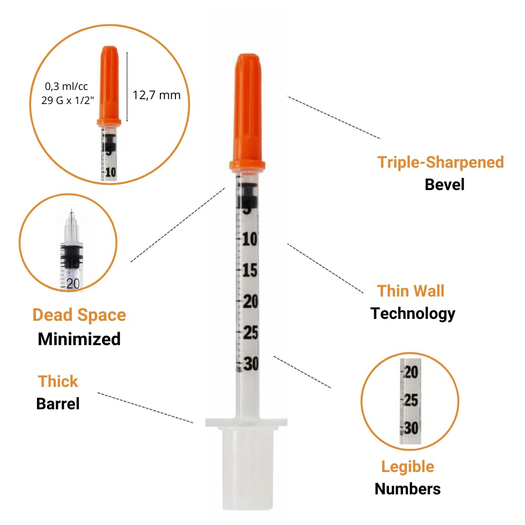 20 Stück 0.3ml/cc 29G 1/2" (12,7mm) Plastiktube + 20 Stück Free Desinfektionstupfer, Einzeln verpackt, Laborzubehör, Mehrzweck-Messwerkzeuge