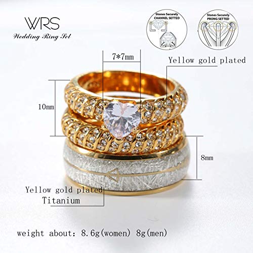 TWO RINGS His Hers Wedding Ring Sets Couples Rings Women's 10k Yellow Gold Plated White heart CZ Wedding Engagement Ring Bridal Sets & Men's Titanium Wedding Band4