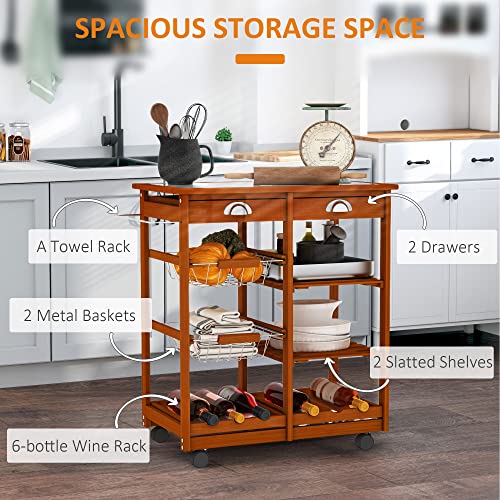 Homcom Wooden Rolling Kitchen Cart, Tile Counter Top Kitchen Island On Wheels With Towel Rack, 2 Drawers, 2 Shelves, Wire Baskets & Wine Rack, Natural #TOP3