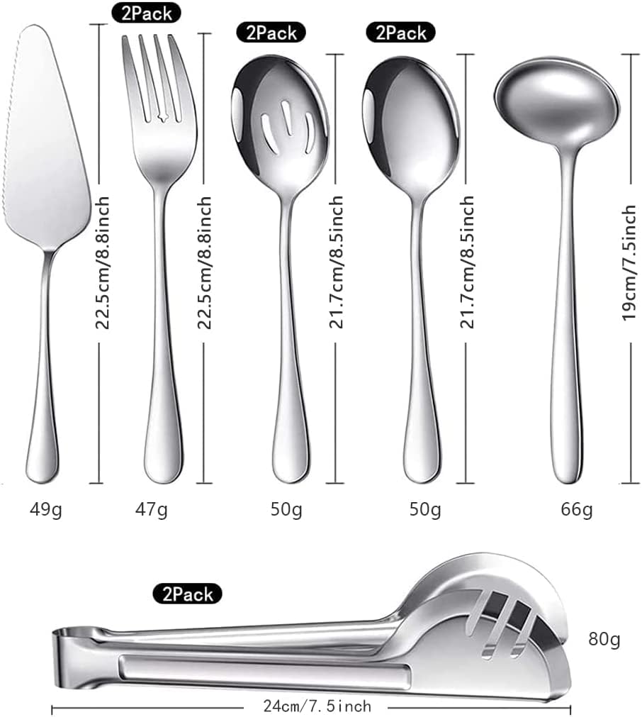 Set di Posate da Portata in Argento 10 Pezzi, Set di utensili da portata in acciaio inox con cucchiai grandi, forchette, mestoli per zuppa, sollevatore di torte e pinze per buffet