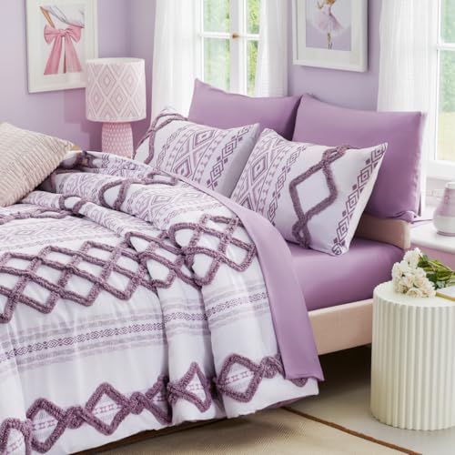 Image of MOVE OVER 7 Pieces Purple Tufted Bed in a Bag King Size Boho Chic Farmhouse Bedding Set Soft Microfiber Ethnic Aztec Comforter Sets for Bedroom Mid-Century Bohemian Bedding Comforter Set