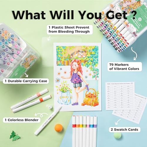 Image of Ohuhu Alcohol Markers 80 Colors: Brush & Fine Dual Tips Alcohol Markers Coloring Illustration Sketching Alcohol Art Marker Set for Adult Beginner, Great Value Pack for Art Class