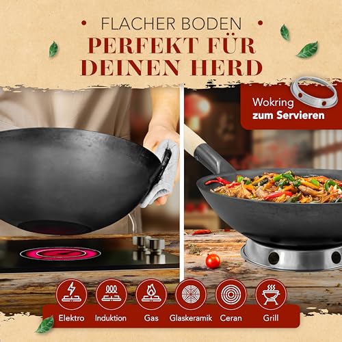 KRUSTENZAUBER KRUSTENZAUBER 36cm Wokpfanne Induktion Voreingebrannt - Traditionelle Stahlwokpfanne Mit Wokwender und Wokring - Pfanne, Induktion, Woklette, Zubehör, Carbon Steel Karbonstahl - Funktionsansicht 5 | Pfannen
