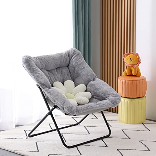 Givjoy Saucer Chair, Soft Faux Fur Oversized Folding Accent Chair, Soft Furry Lounge Lazy Chair, Metal Frame Moon Chair For Bedroom, Living Room #TOP3