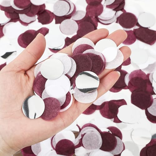 Image of MARFOREVER Maroon Confetti, Maroon Graduation Party Decorations Burgundy Silver Confetti 1 Inch Round Confetti Table Scatter for Engagement Birthday Wedding Bridal Shower Table Decorations