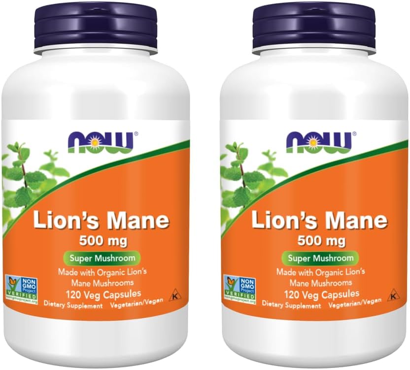 NOW Foods Supplements, Lion's Mane 500 mg, Super Mushroom, Made with Organic Lion's Mane Mushrooms, 120 Veg Capsules (Pack of 2)