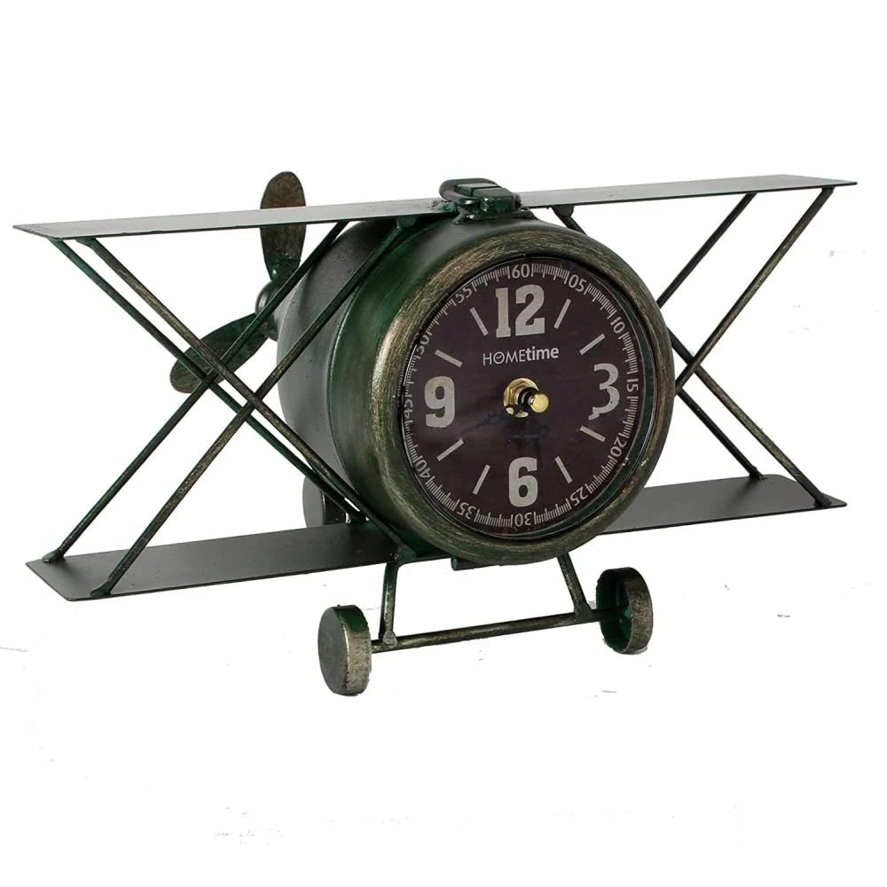Hometime Orologio in metallo a forma di biplano vintage, in verde e nero