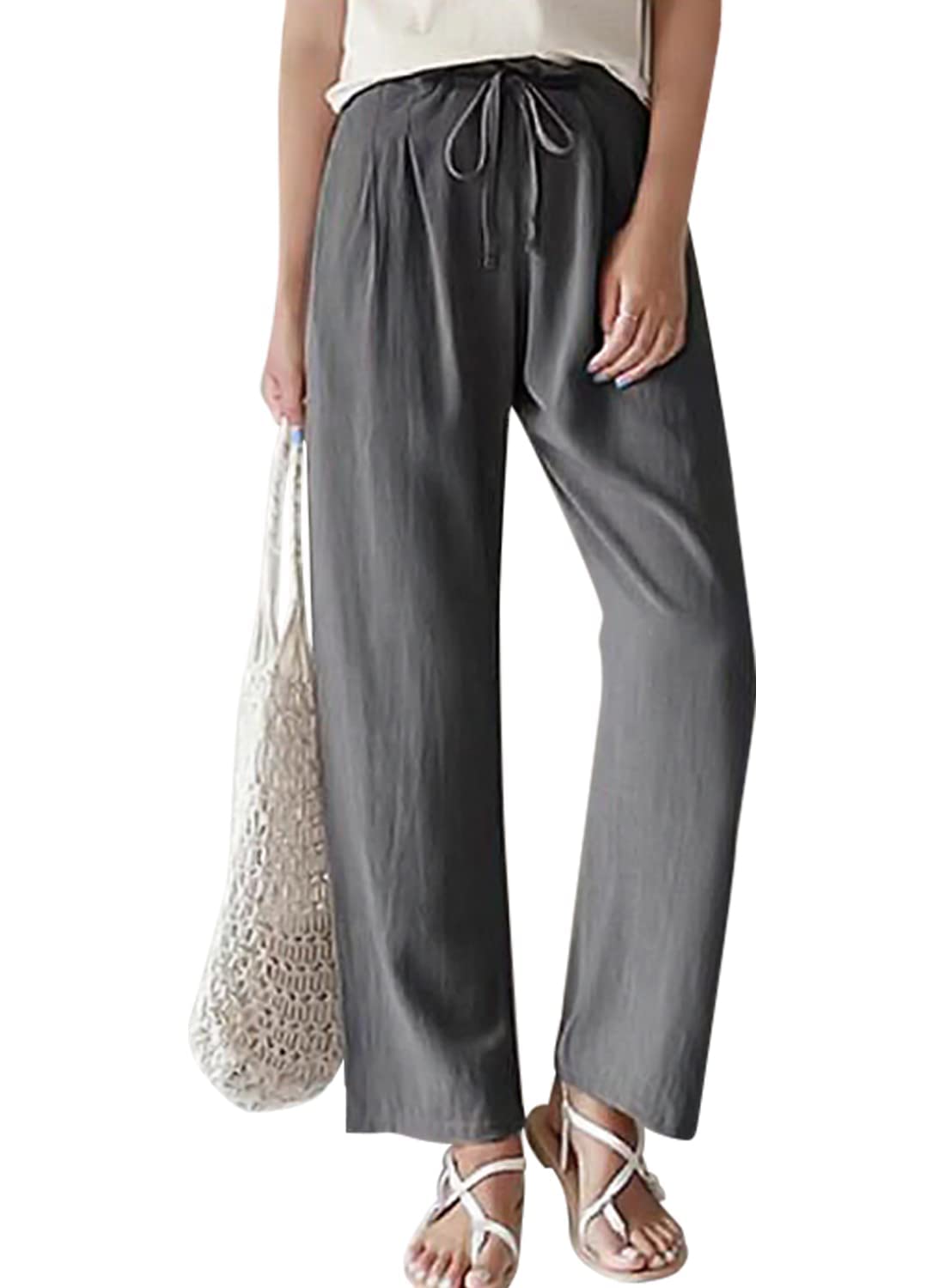 GLIENST Womens Casual Linen Drawstring Tie Elastic Waist Loose Palazzos Pants Wide Leg Long Trousers with Pockets S-XXXL