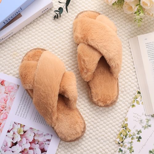 Image of VAIPI 6 Pairs Womens Cross Band Slippers Fuzzy Plush House Bridesmaid Slipper White | Black | Pink Open Toe Fluffy Slipper Soft Warm Bridal Slippers