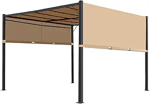 10'x10' FT Heavy-Duty Outdoor Pergola Aluminum Pergola with Retractable Sun Shade Canopy and Solar LED Lights, for Garden, Deck, and Backyard (TAN)