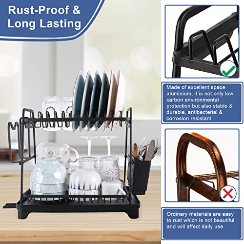 Rottogoon Upgraded 2-Tier Aluminum Dish Drying Rack, Rustproof Dish Rack And Drainboard Set With Drainage, Utensil Holder, Cutting Board/Pot Cover Holder, Cup Holder, Dish Drainer For Kitchen Counter #TOP3