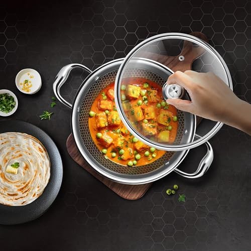 Image of MILTON Pro cook Induction Cookware & Gas Stove Friendly Triply Stainless Steel Hexa Tech Honeycomb Kadhai with Glass Lid 30cm | GREBLON C3+ Non-Stick Coating | Metal Spoon Friendly | 3Y Warranty