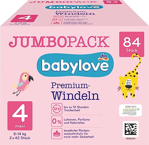 babylove Pañales Premium Active Plus tamaño 4, maxi 7-18 kg, paquete jumbo 2 x 42 unidades, 84 unidades